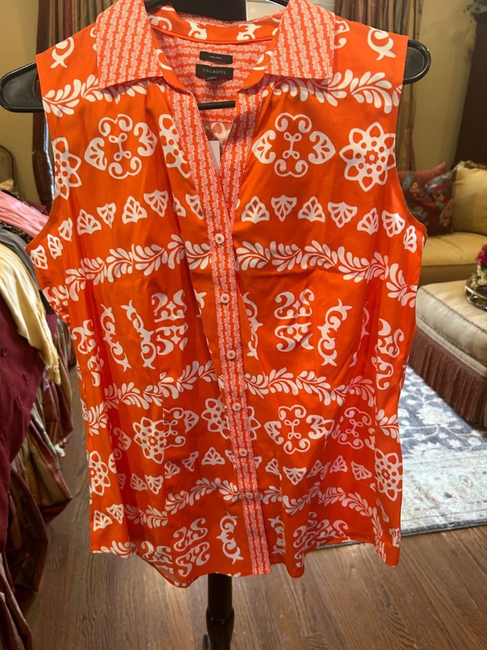 Talbots Bright Orange and White Sleeveless Button-Front Blouse size 10 nwt - Picture 1 of 3